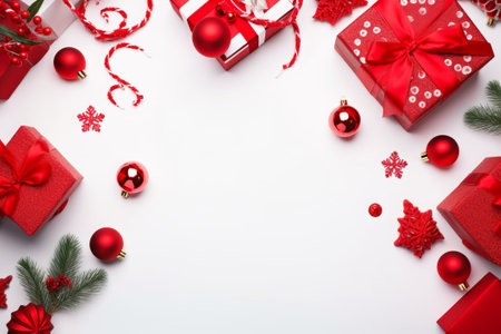 Christmas and New Year background with red gift boxes and decorations. Flat lay, top viewの素材