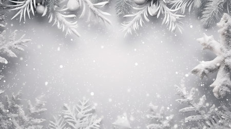 Christmas background with snowflakes and fir branches. Copy space.の素材