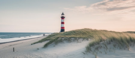 Panoramic view of a lighthouse on the dunes at sunsetの素材