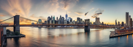 Panoramic view of Brooklyn Bridge and Manhattan skyline at sunset.の素材