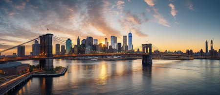 Panorama of Brooklyn Bridge and Manhattan skyline at sunset, New York Cityの素材