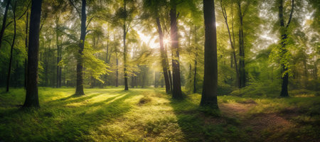 Panoramic view of a beautiful green forest with sun rays passing through the treesの素材