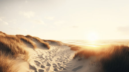 Sand dunes on the beach at sunset. 3d render.の素材