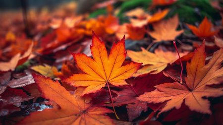 Autumn maple leaves on the ground. Colorful autumn background.の素材