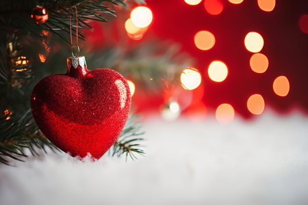Red heart on the background of a Christmas tree with bokehの素材