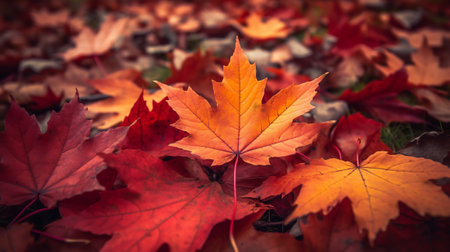 Red maple leaves on the ground. Autumn background. Selective focus.の素材