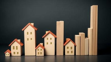 Real estate investment concept. Wooden houses on black background. 3d illustrationの素材