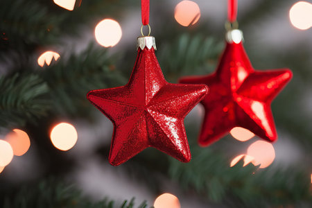 Christmas tree decoration with red stars on bokeh lights background.の素材