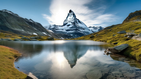Matterhorn mountain reflected in the lake, Zermatt, Switzerlandの素材