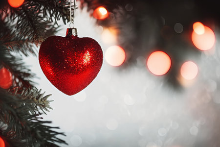 Red heart on a branch of Christmas tree with bokeh backgroundの素材