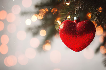 Christmas background with red heart on bokeh lights and fir treeの素材