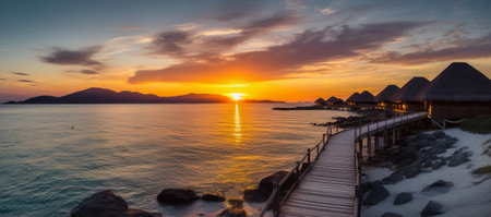 Sunset at the beach with wooden bridge and bungalows.の素材