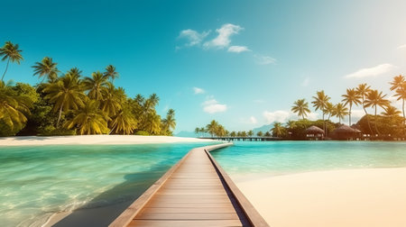 Tropical island with palm trees and wooden pier - 3D renderの素材