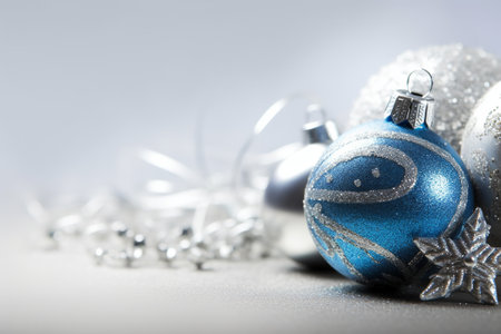 Silver and blue christmas baubles on a white background.の素材