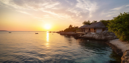 Panoramic view of beautiful sunset over the sea in Maldivesの素材