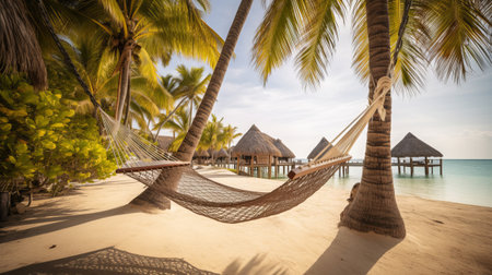Hammock on the beach with palm trees and bungalowsの素材
