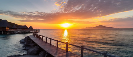 Sunset over the sea with wooden jetty and bungalowsの素材