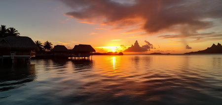 Beautiful sunset over the sea with water bungalows, Maldivesの素材