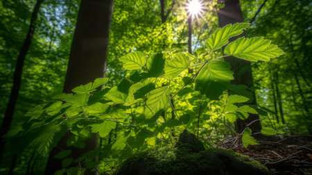 green leaves in the forest with sunbeams and lens flare effectの素材