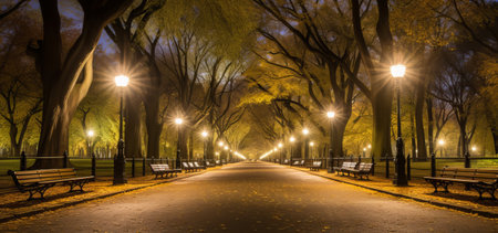 Park at night with benches, lights and trees in autumn colors.の素材