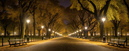 Ginkgo trees at night in Tokyo, Japan. Panorama.の素材