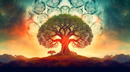 Fantasy landscape with a big tree in the form of a heartの素材