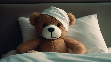 Teddy bear with a bandage on his head lying in bedの素材