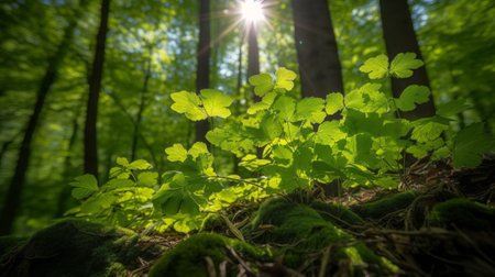 Green leaves in the forest with sunbeams and lens flare.の素材