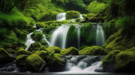 Waterfall in the forest. Beautiful nature scene with waterfall and green moss.の素材