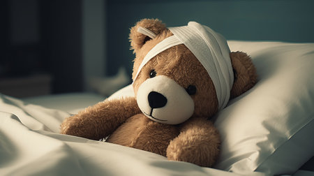 Sick teddy bear with bandage on head lying on bedの素材