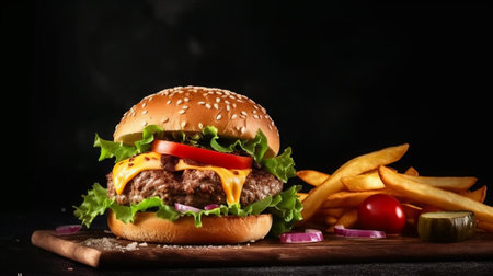 Cheese burger - American cheese burger with Golden French fries on black backgroundの素材
