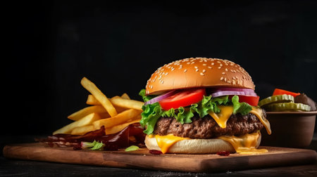 Cheese burger - American cheese burger with Golden French fries and fresh vegetablesの素材