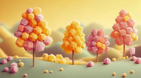 3d illustration of colorful cotton candy in the form of flowers on a stickの素材