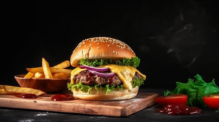 Hamburger with french fries and vegetables on a black background.の素材