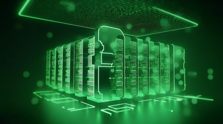 Server racks in data center. Backup, mining, hosting concept. 3D renderingの素材