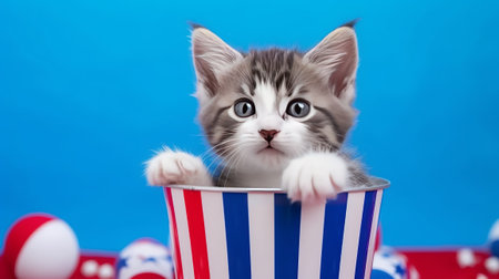 Cute little kitten in a bucket of american flag on blue backgroundの素材