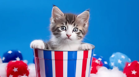 Cute american shorthair kitten in a bucket with american flagの素材