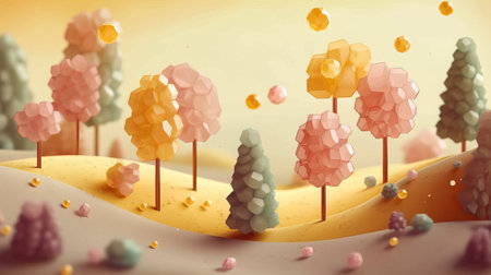 3d illustration of abstract fantasy landscape with trees and falling gold coinsの素材