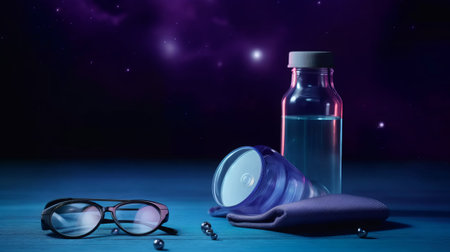 Vaccine bottle and glasses on a wooden table with starry backgroundの素材