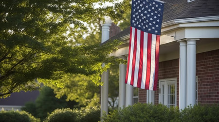 American flag waving in front of a house in the morning light.の素材