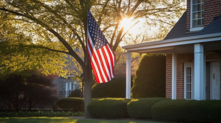 American flag in front of a house in the morning with sun raysの素材