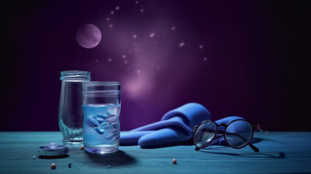 Glasses and bottle of water on wooden table with moon in backgroundの素材