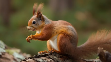 Red squirrel sitting on a tree trunk in the forest and eating a nutの素材