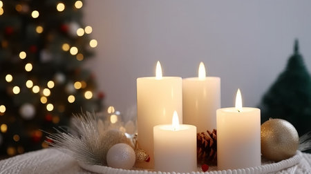 Burning candles with Christmas tree on background, closeup. Space for textの素材