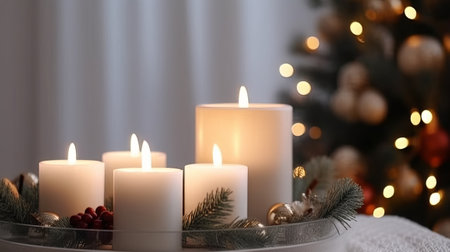 Burning candles with Christmas decor on table in room. Space for textの素材