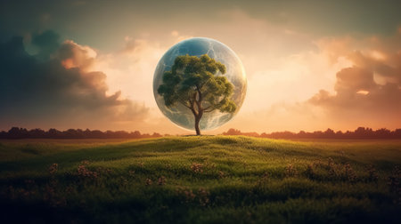Conceptual image of green planet with tree on the field.の素材