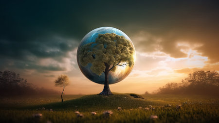 Conceptual image with planet earth and tree. 3D renderingの素材