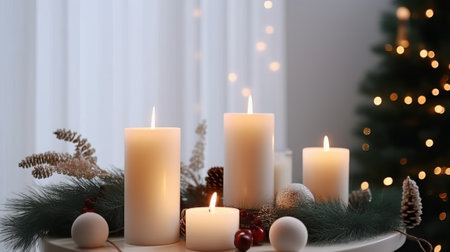 Burning candles on table in room decorated for Christmas, closeupの素材