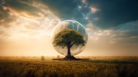 Conceptual image with planet earth and tree on the meadowの素材