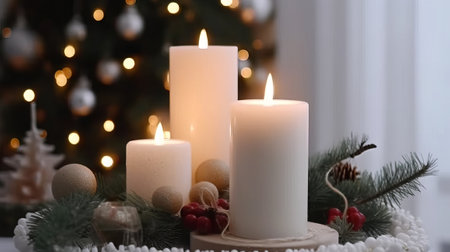 Beautiful burning candles on table in room decorated for Christmas, closeupの素材